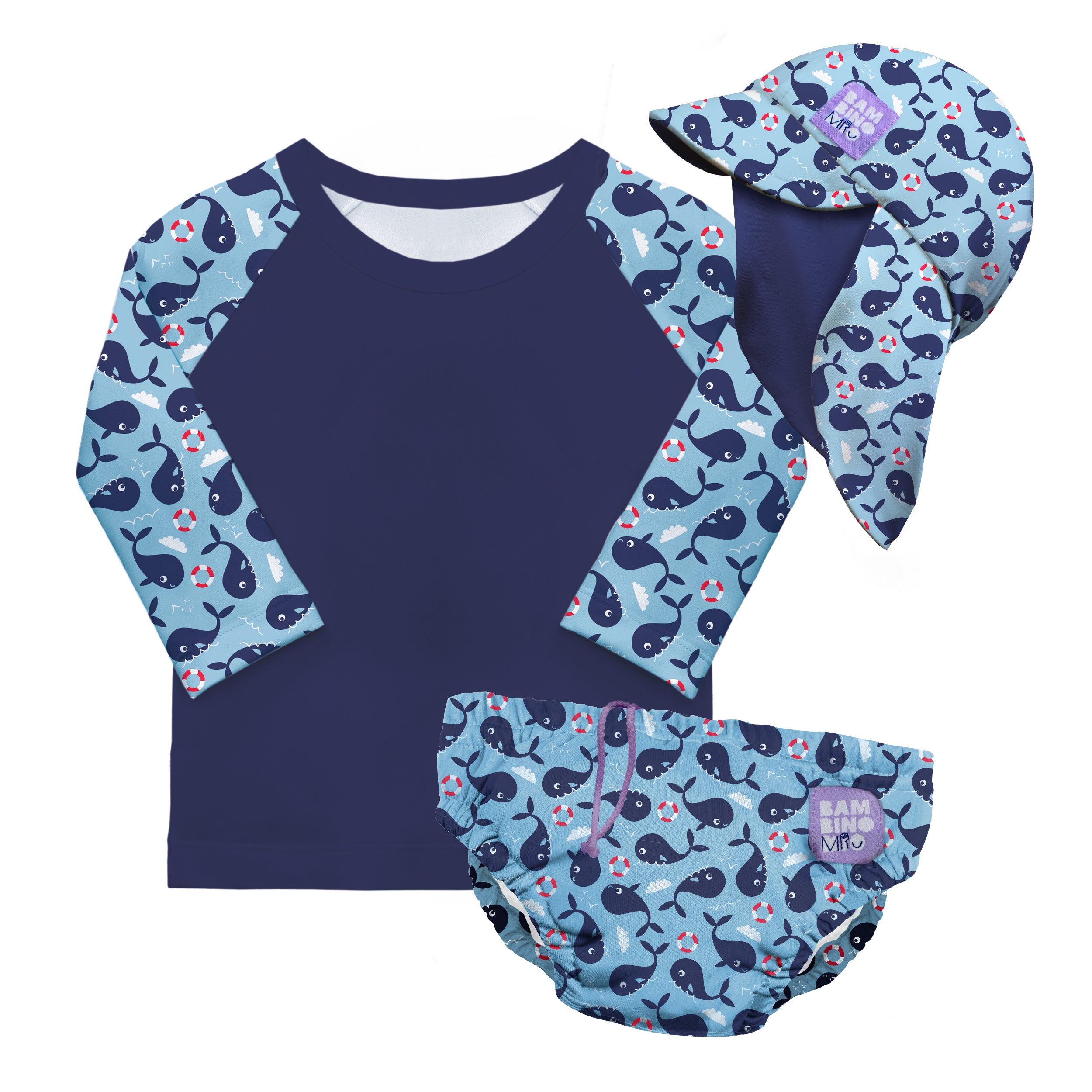 3 Piece Baby Swim Set with Swim Nappy, Swim top and Swim Hat in Blue Whale - Bambino Mio (EU)