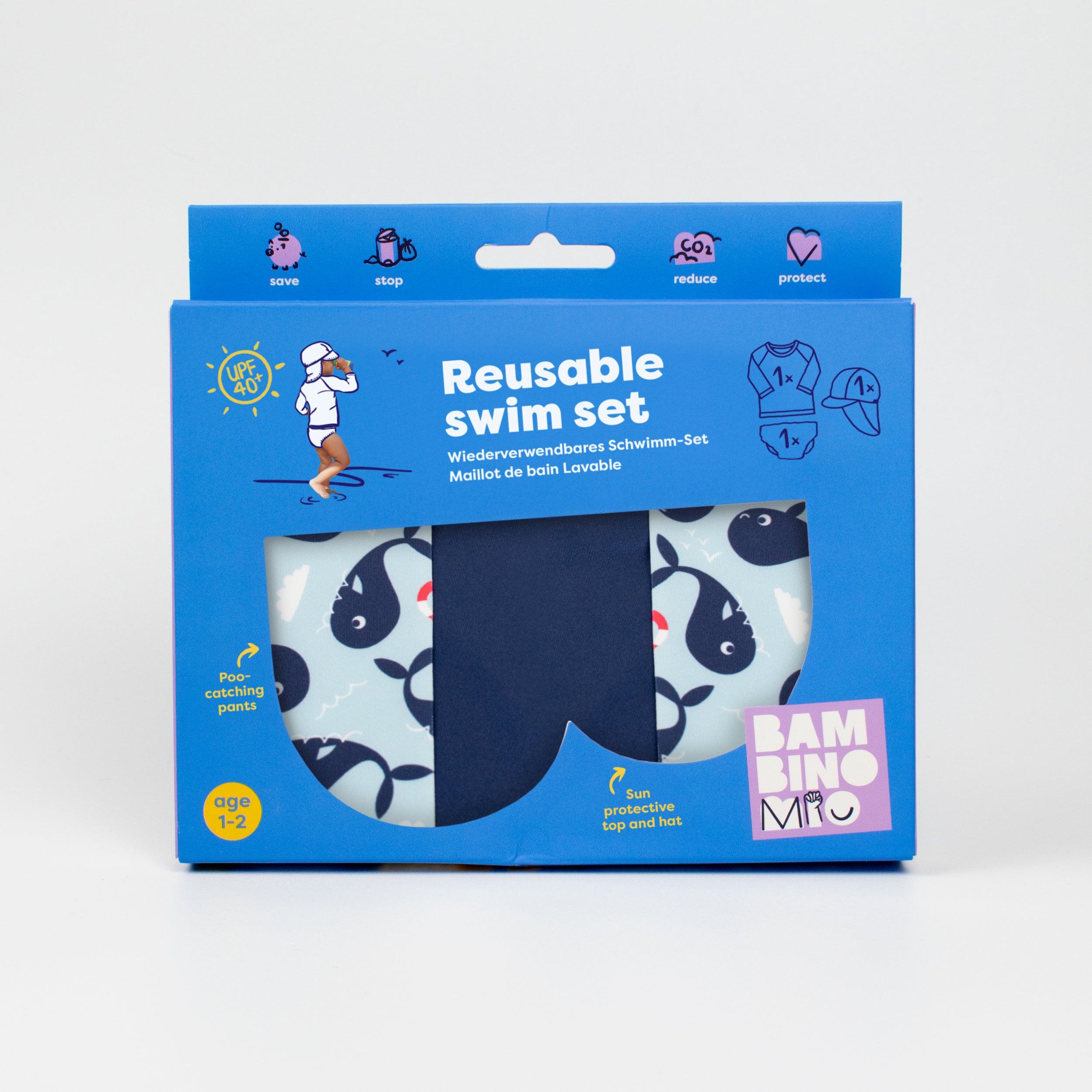 3 Piece Baby Swim Set with Swim Nappy, Swim top and Swim Hat in Blue Whale - Bambino Mio (EU)