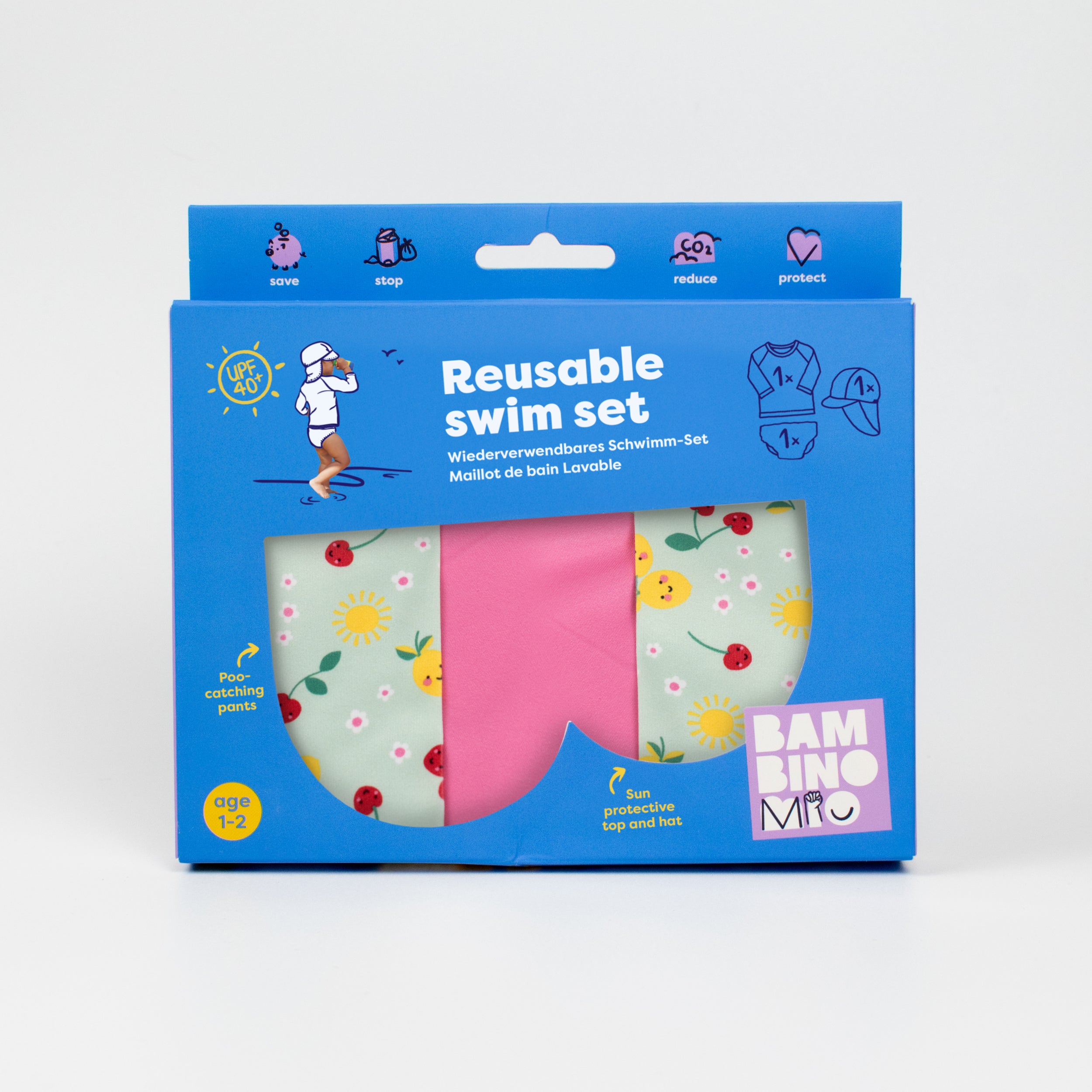 3 Piece Baby Swim Set with Swim Nappy, Swim top and Swim Hat in Juicy Fruit - Bambino Mio (EU)