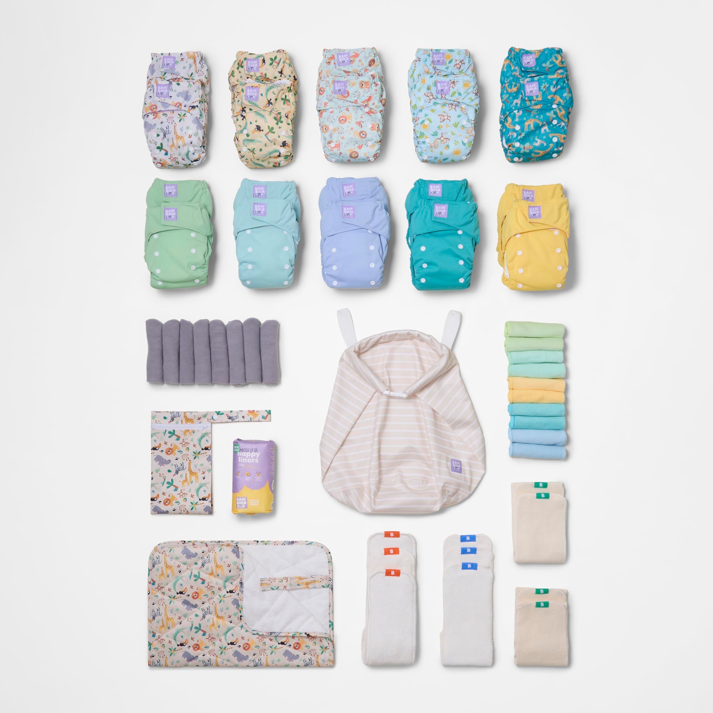 The Everything Reusable Diaper Bundle in Wild Life and Pastels - Bambino Mio (EU)