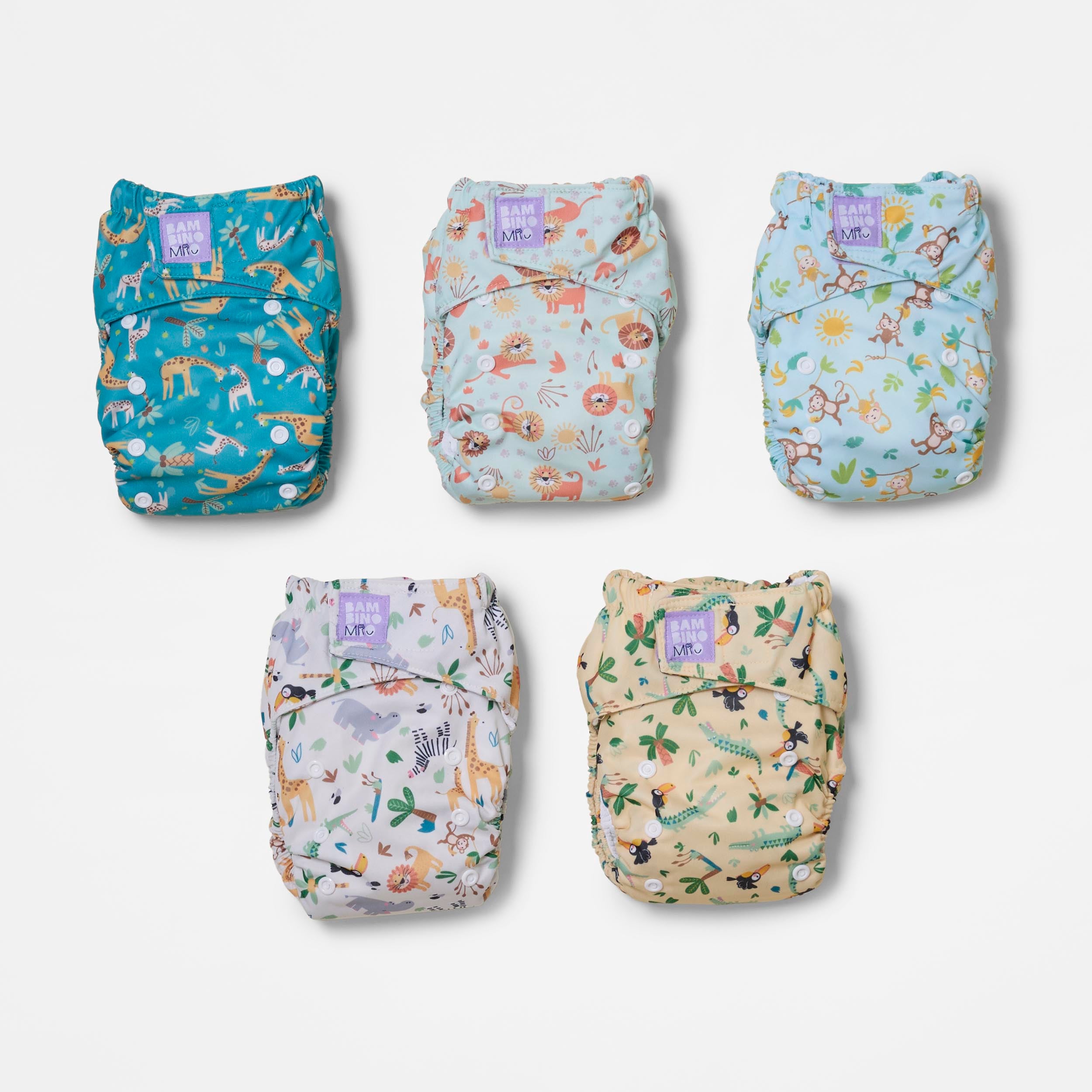 5 Pack Revolutionary Reusable Diaper Bundle in Wild Life - Bambino Mio (EU)