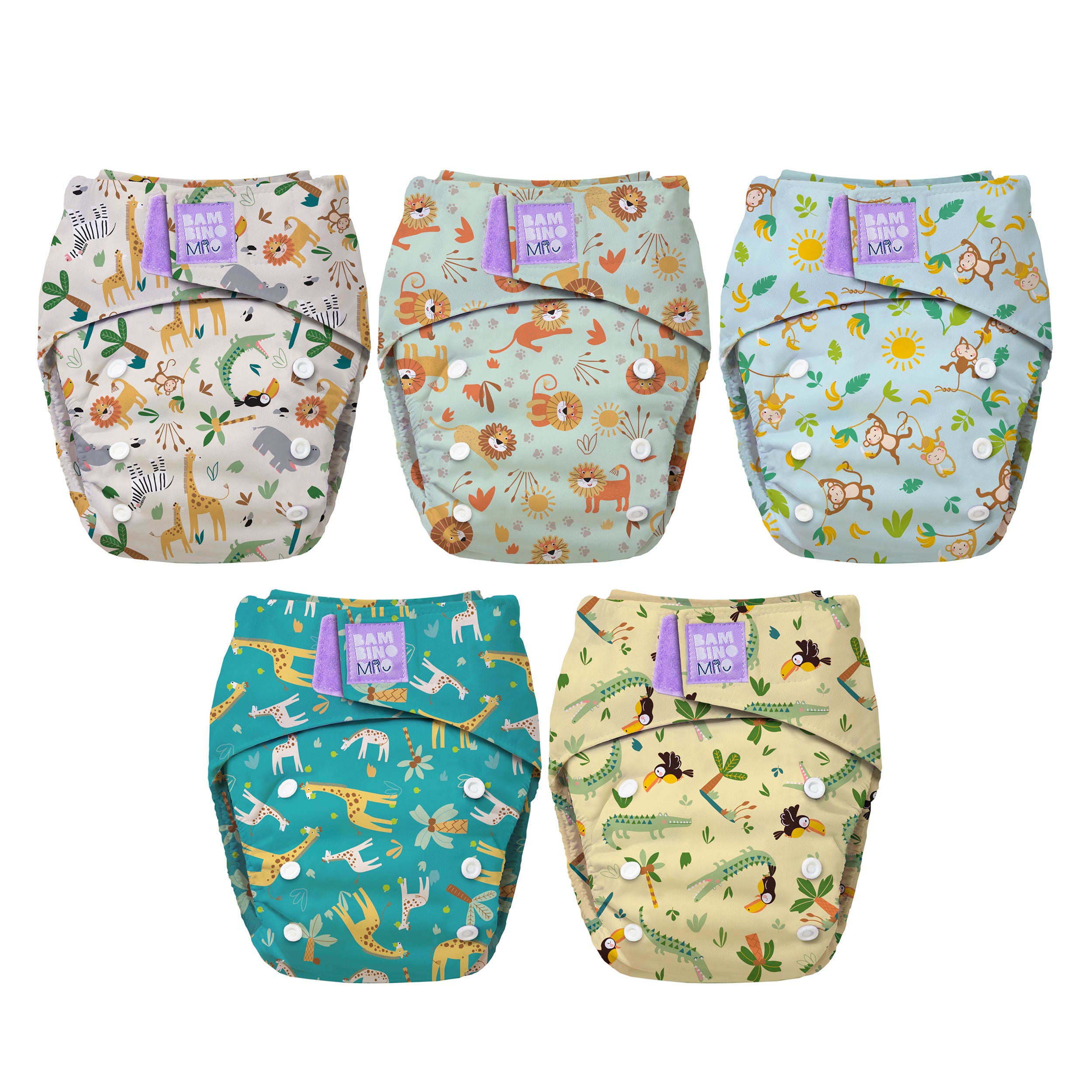 5 Pack Revolutionary Reusable Diaper Bundle in Wild Life - Bambino Mio (EU)