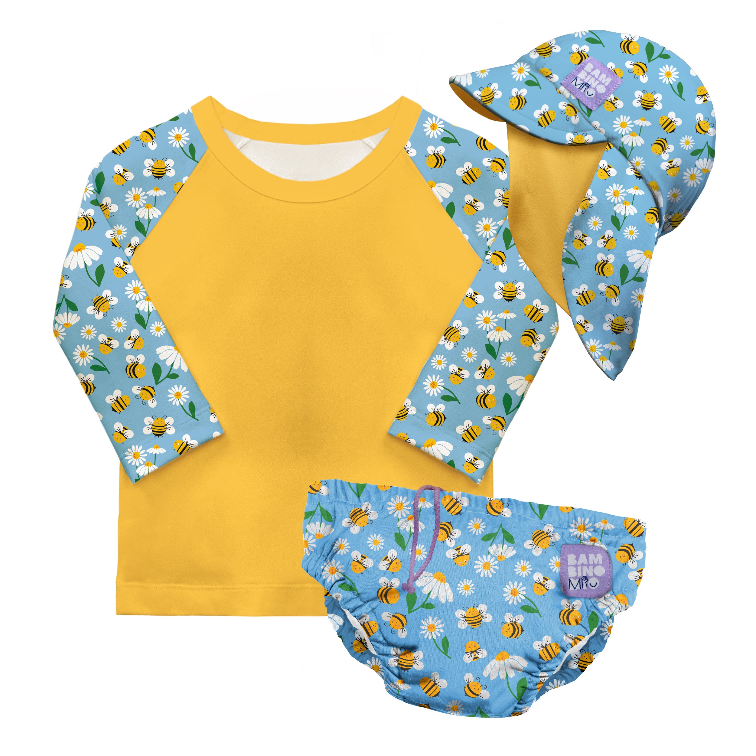 3 Piece Baby Swim Set with Swim Nappy, Swim top and Swim Hat in Busy Bees - Bambino Mio (EU)
