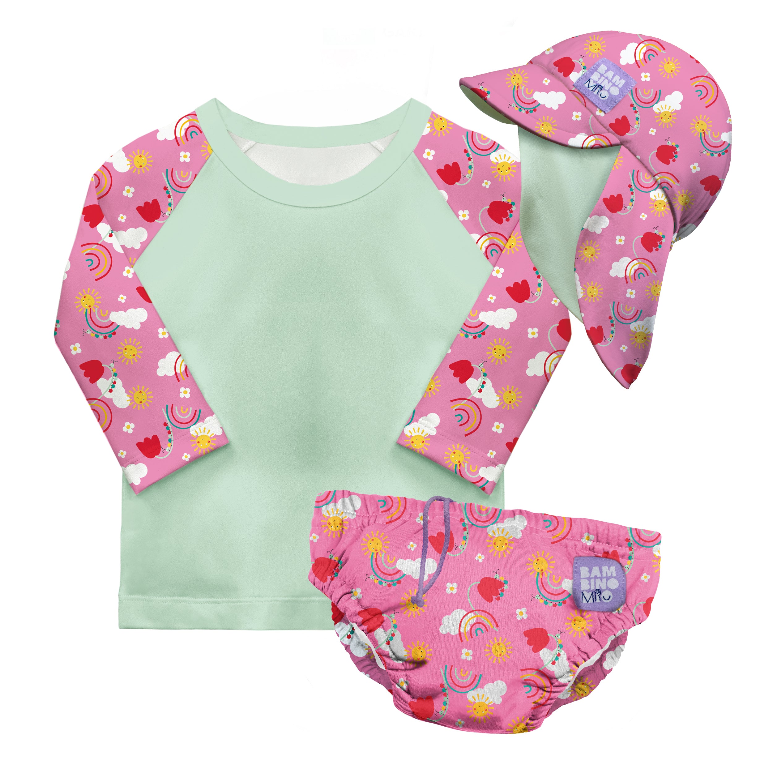 3 Piece Baby Swim Set with Swim Nappy, Swim top and Swim Hat in Happy Days - Bambino Mio (EU)