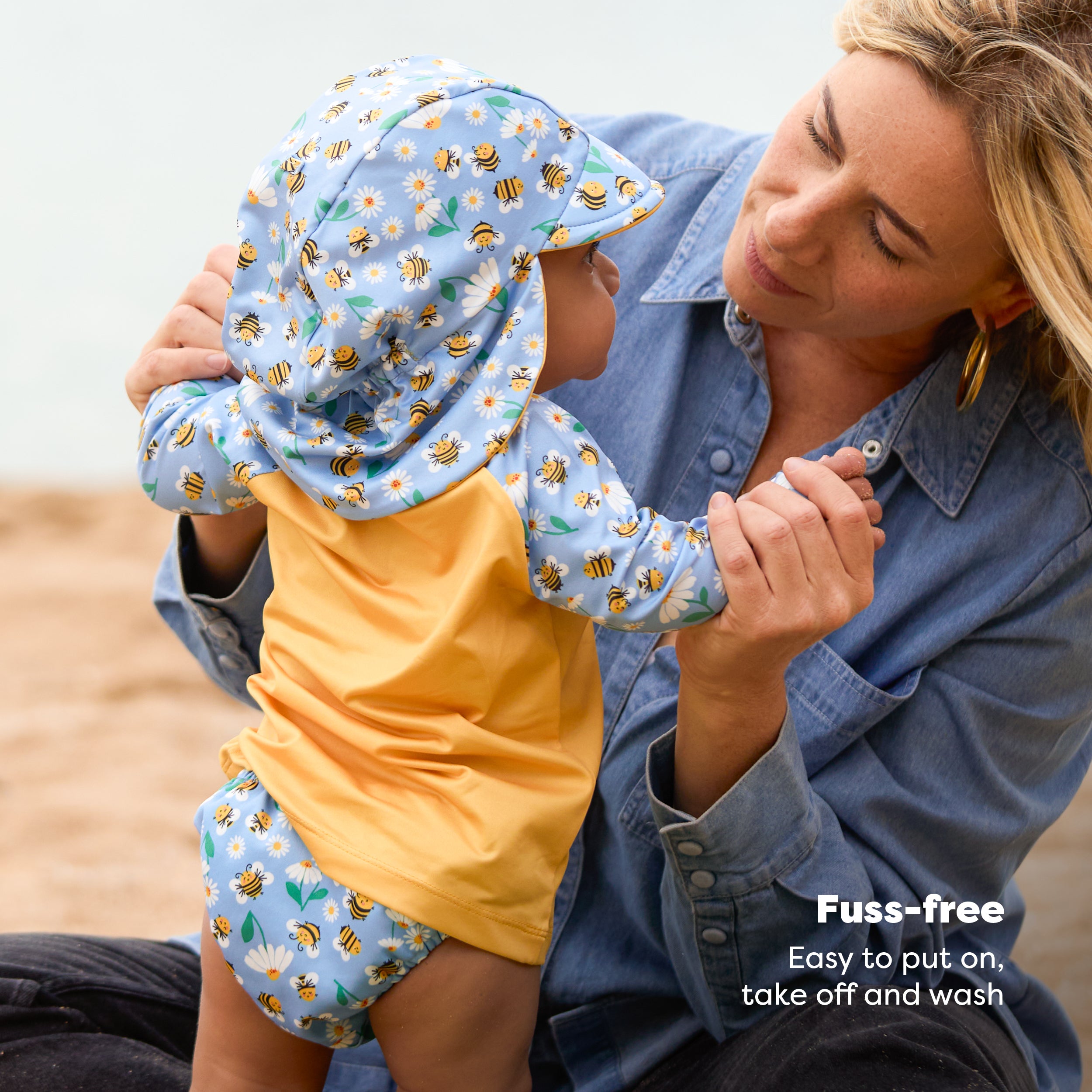 3 Piece Baby Swim Set with Swim Nappy, Swim top and Swim Hat in Busy Bees - Bambino Mio (EU)