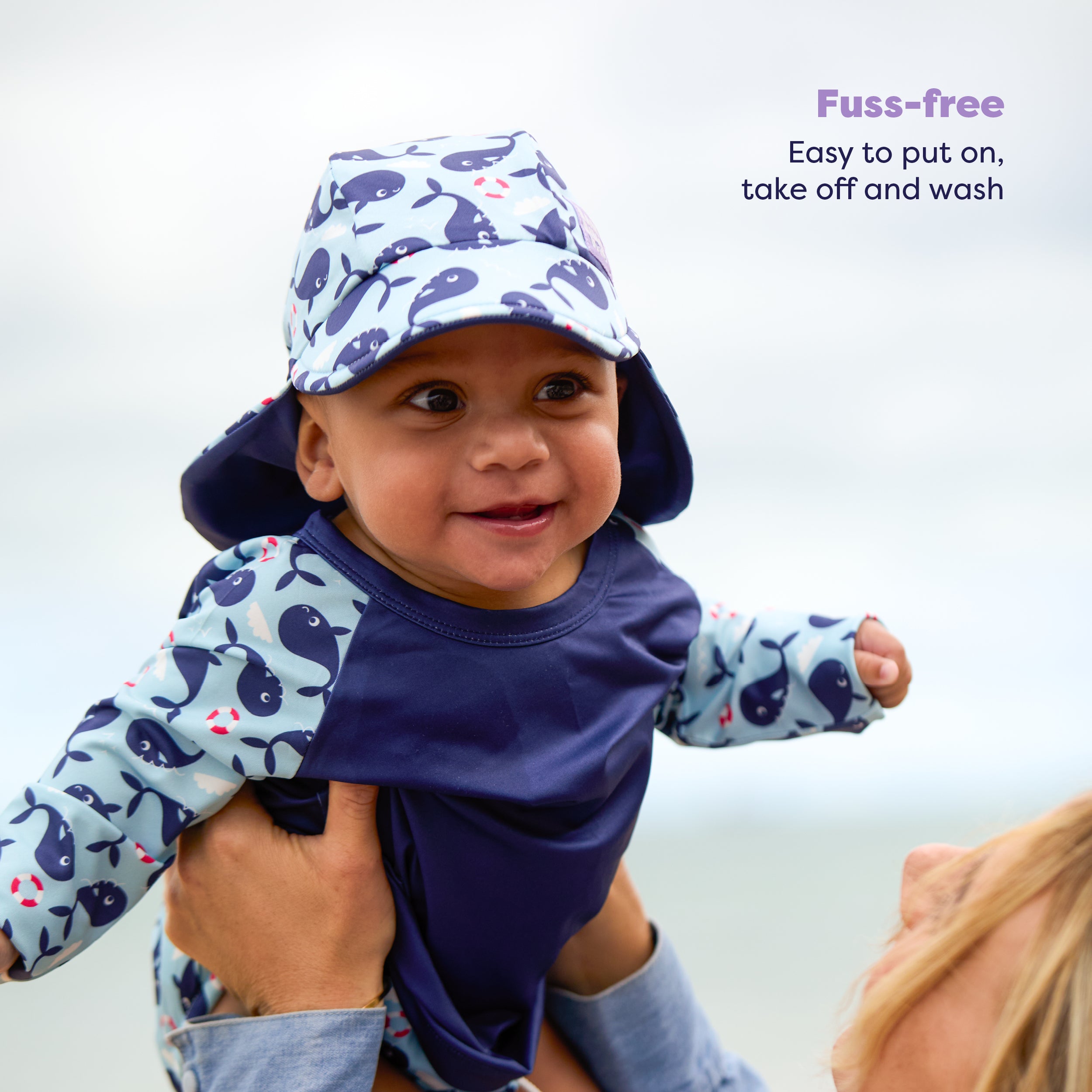 UPF 40+ Reversible Swim Hat for Babies and Toddlers in Blue Whale - Bambino Mio (EU)