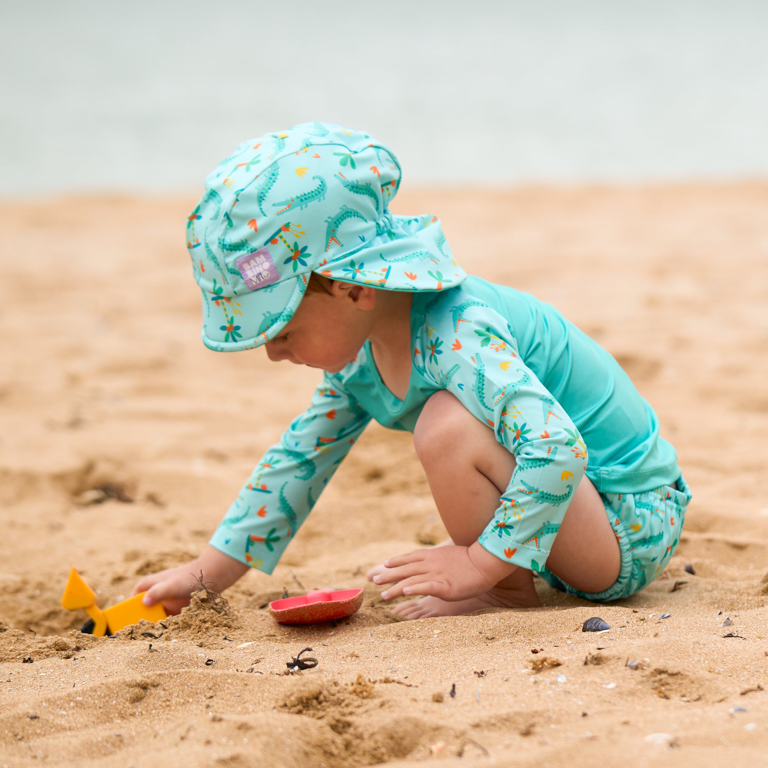 3 Piece Baby Swim Set with Swim Nappy, Swim top and Swim Hat in Crafty Croc - Bambino Mio (EU)
