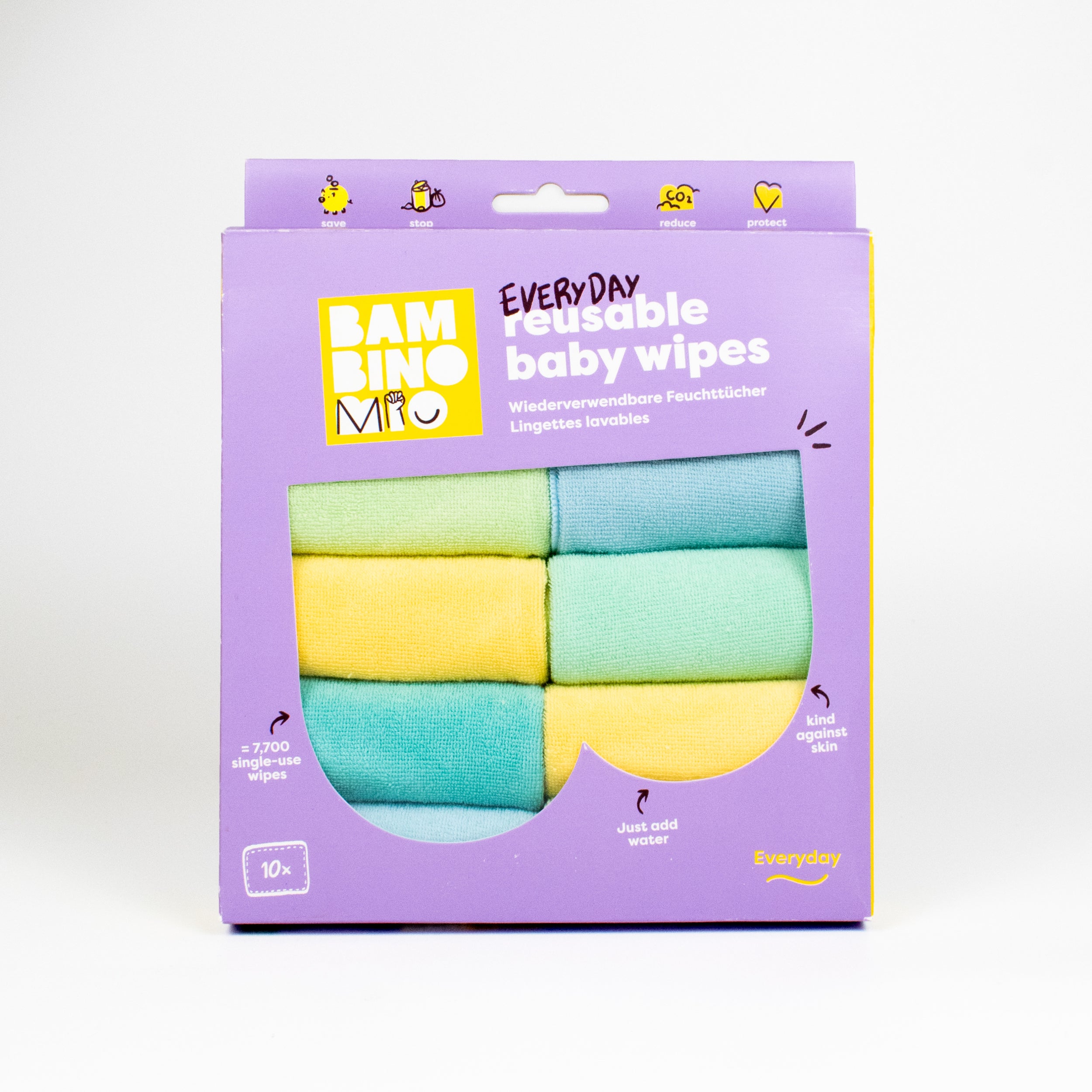 Reusable Baby Wipes for Sensitive Skin 10 Pack in Paintbox Pastels - Bambino Mio (EU)