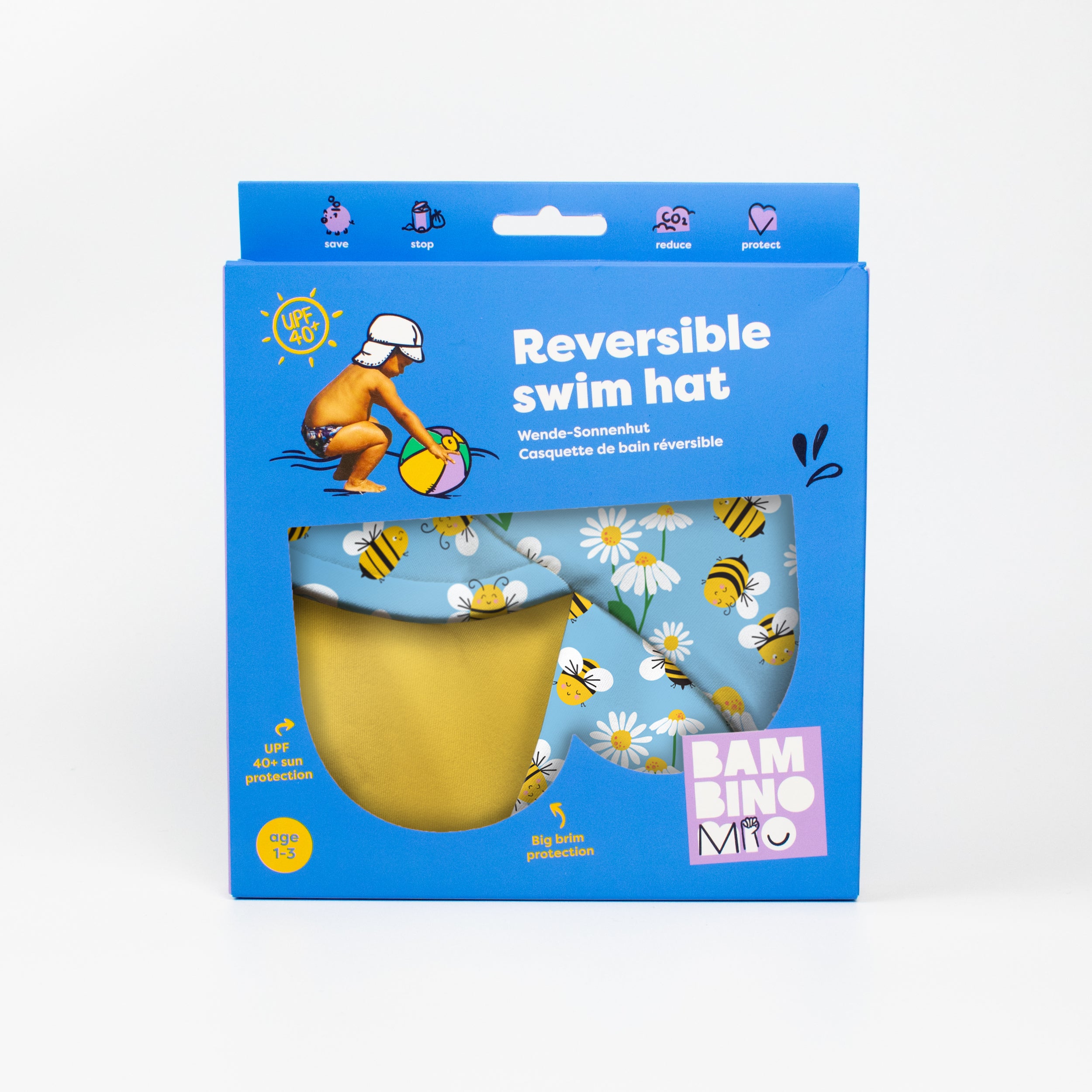 UPF 40+ Reversible Swim Hat for Babies and Toddlers in Busy Bees - Bambino Mio (EU)