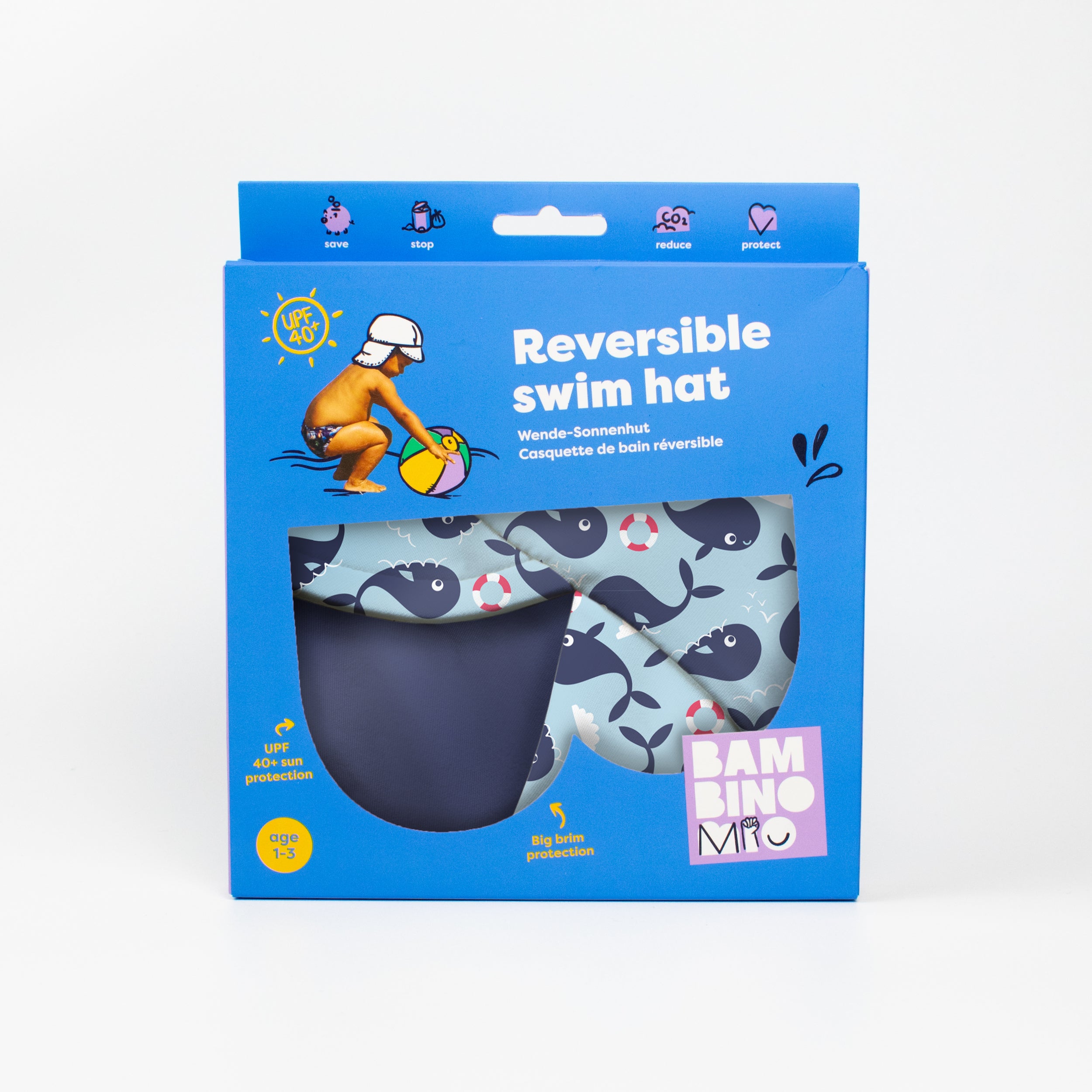 UPF 40+ Reversible Swim Hat for Babies and Toddlers in Blue Whale - Bambino Mio (EU)