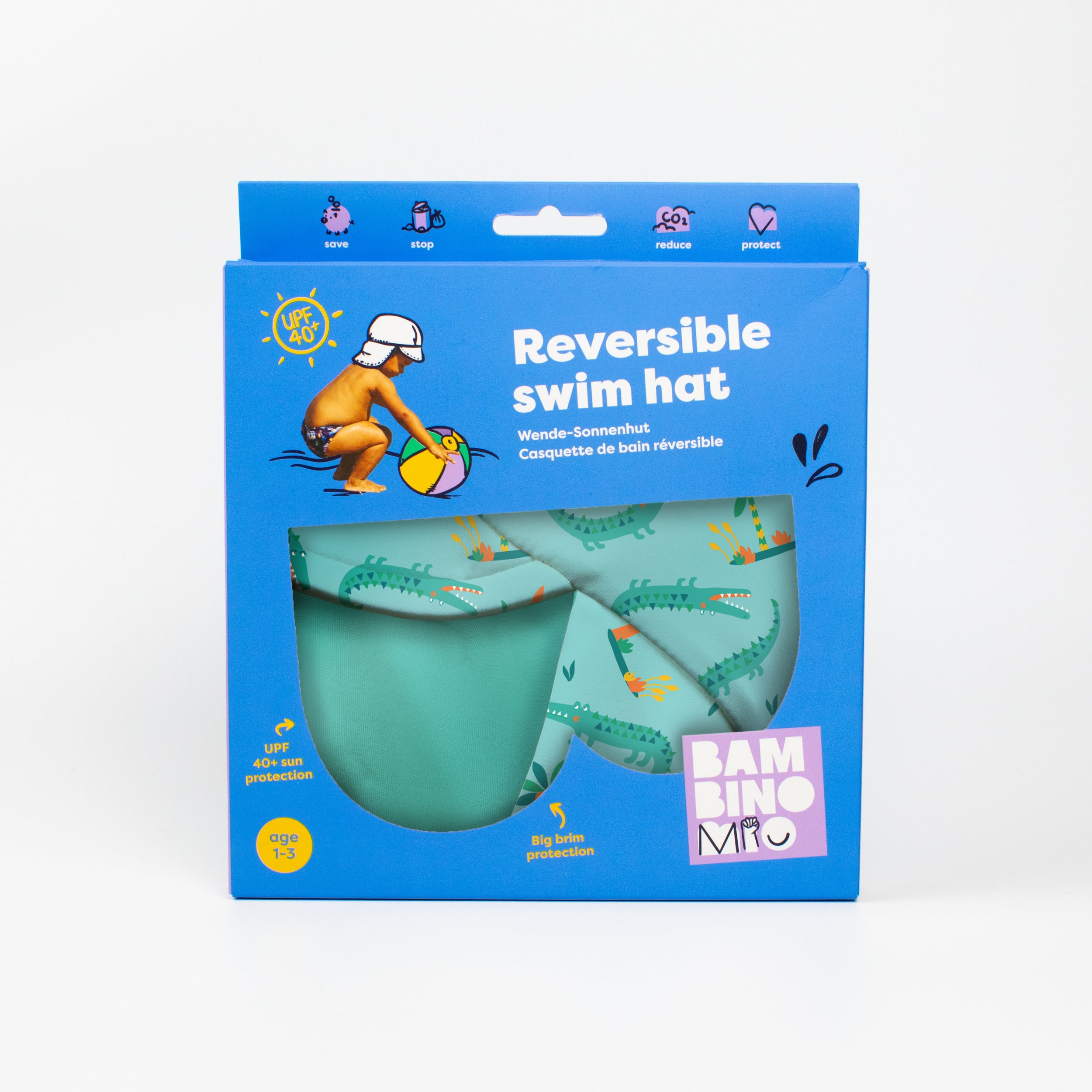 UPF 40+ Reversible Swim Hat for Babies and Toddlers in Crafty Croc - Bambino Mio (EU)