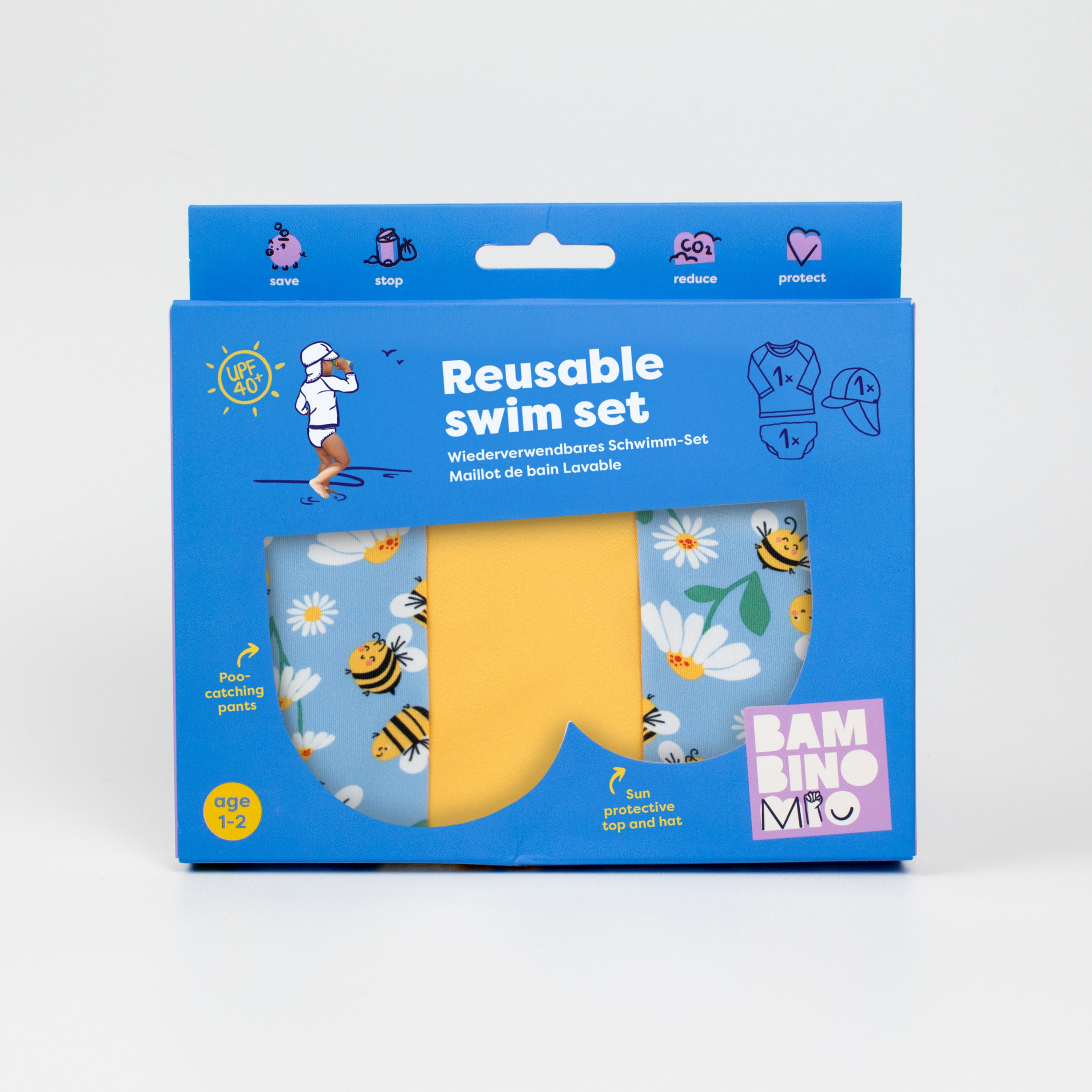 3 Piece Baby Swim Set with Swim Nappy, Swim top and Swim Hat in Busy Bees - Bambino Mio (EU)