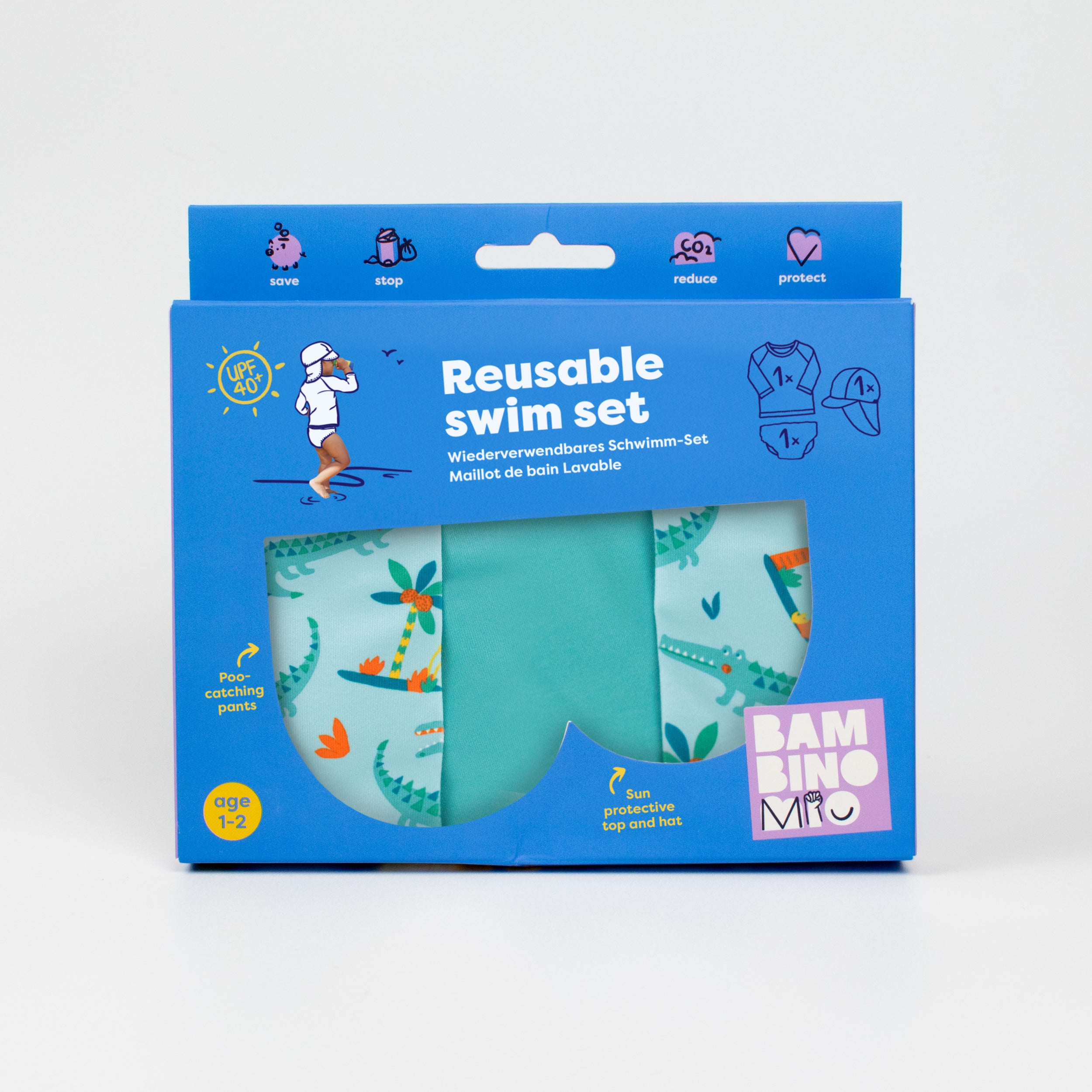 3 Piece Baby Swim Set with Swim Nappy, Swim top and Swim Hat in Crafty Croc - Bambino Mio (EU)