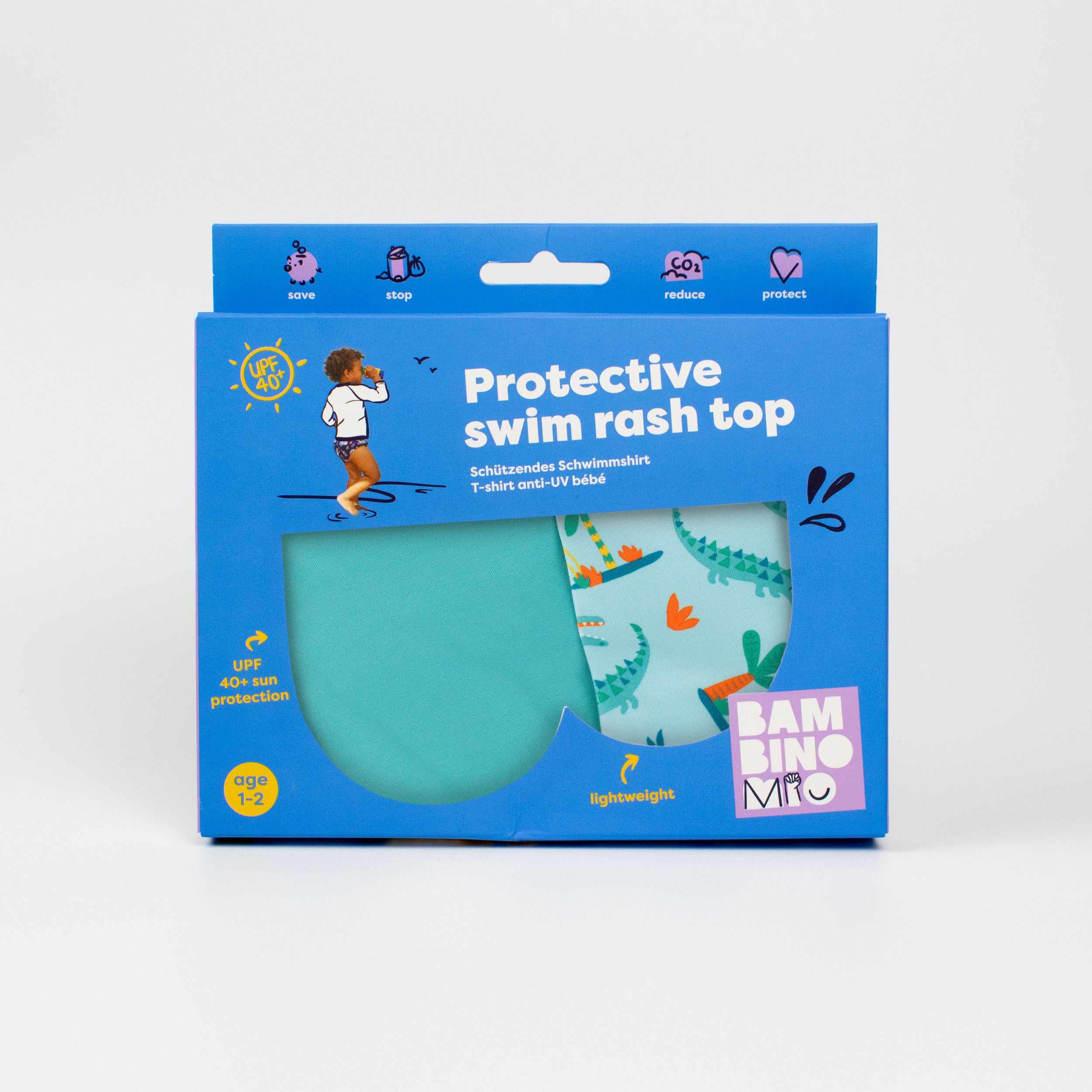 UPF 40+ Soft and Gentle Protective Beach Rash Vest in Crafty Croc - Bambino Mio (EU)