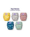 5 diapers featuring fun colourful prints such as red ladybirds, yellow smiles, green sloths. And a pack of messless nappy liners